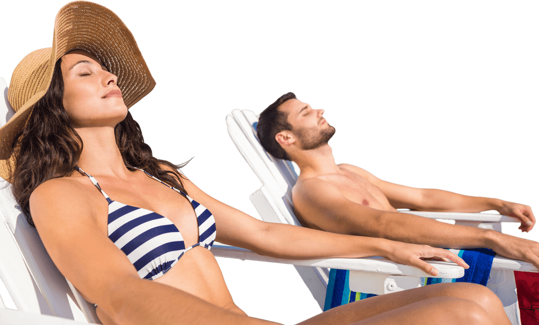 Relaxed Caucasian Couple Sunbathing Illustrated on Transparent Background