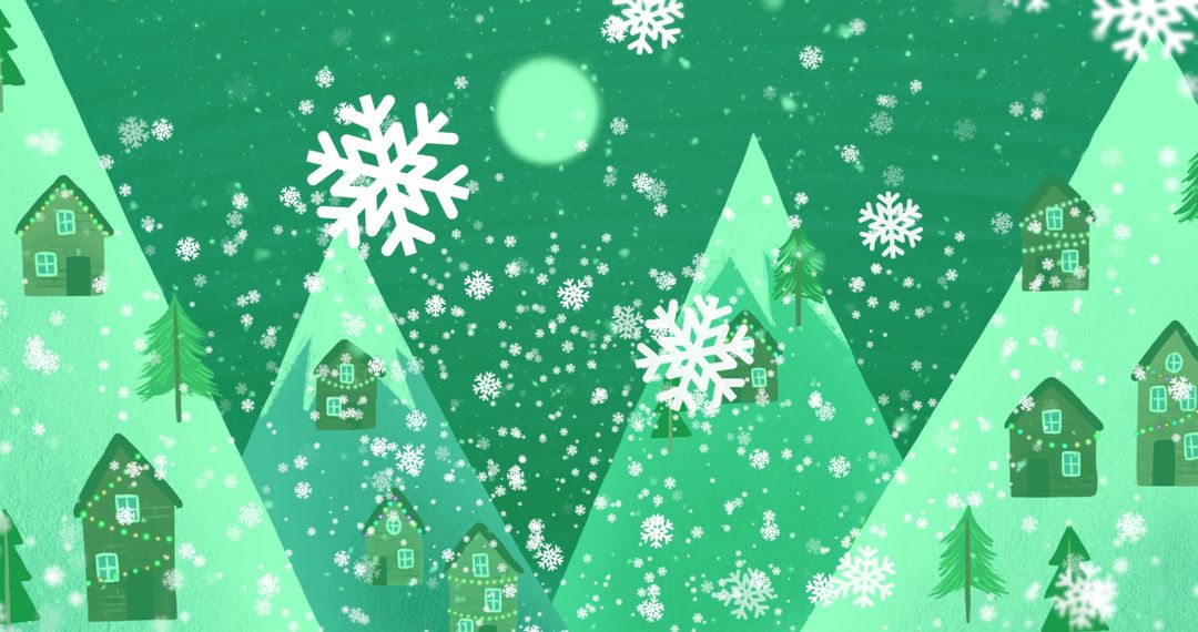 Winter Wonderland with Snowflakes and Tree-Lined Hills