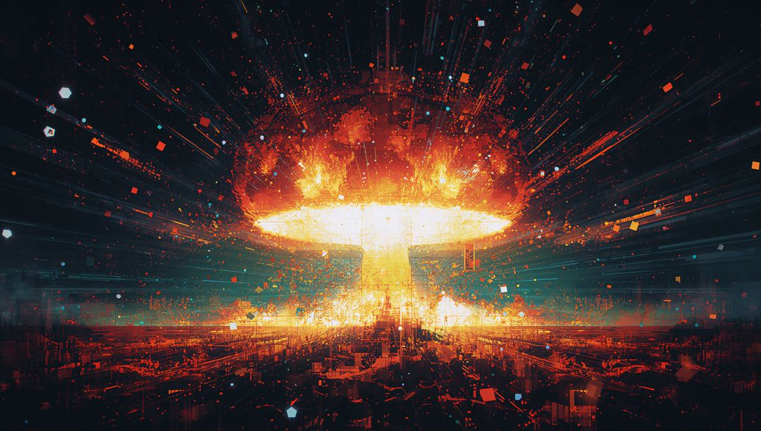Futuristic Digital Explosion Over Urban Landscape