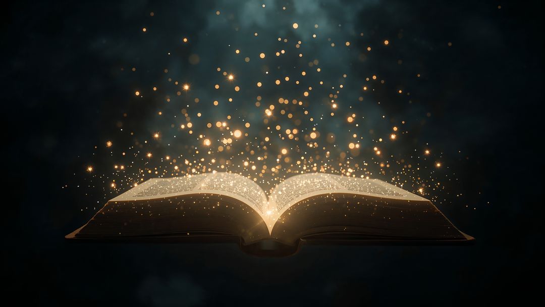 Floating Mystical Book with Glowing Particles in Dark Atmosphere