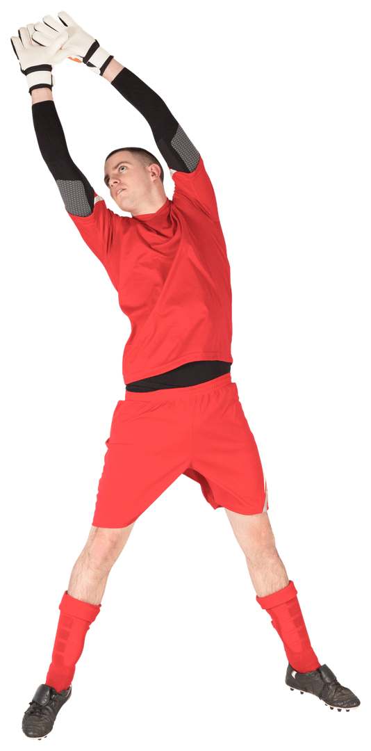Focused Goalkeeper Jumping with Red Uniform on Transparent Background