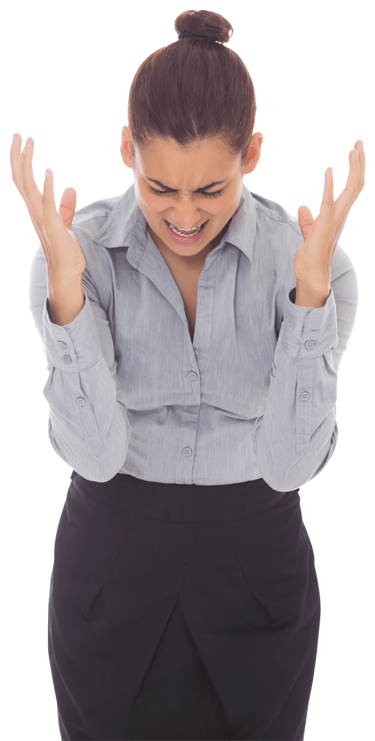 Transparent Angry Businesswoman Expressing Frustration with Raised Hands
