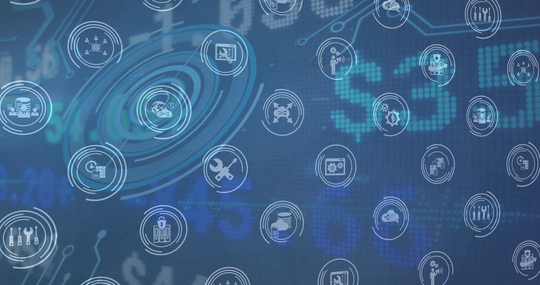 Digital Infographic with Icons and Stock Market Data Overlay
