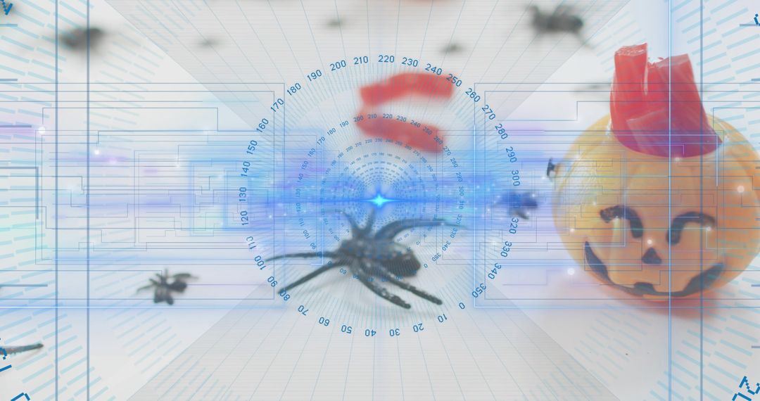 Targeting spider with holographic HUD and pumpkin for Halloween tech concept