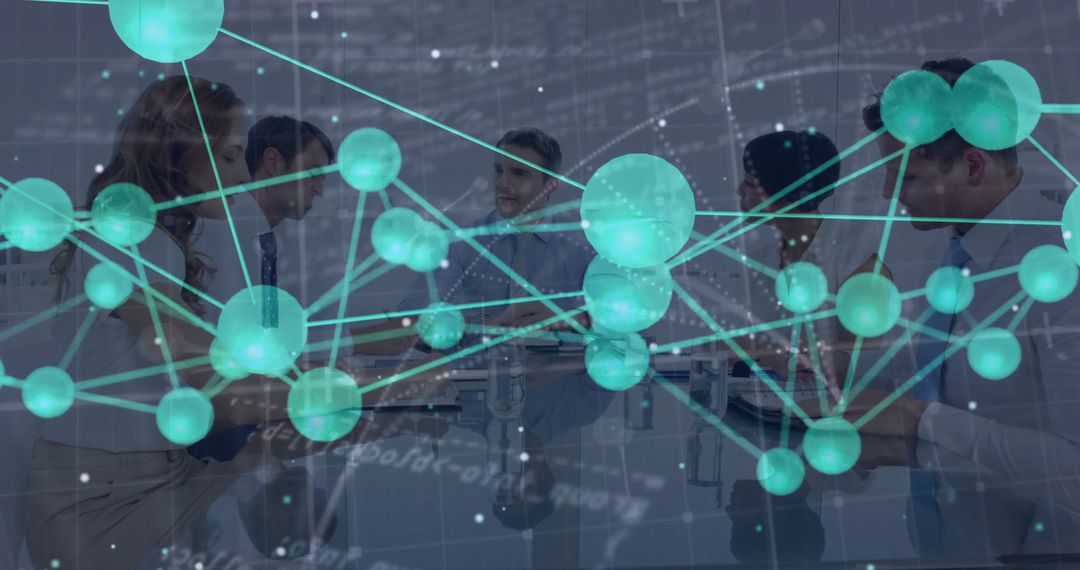 Corporate Team Collaborating with Digital Network Data Overlay