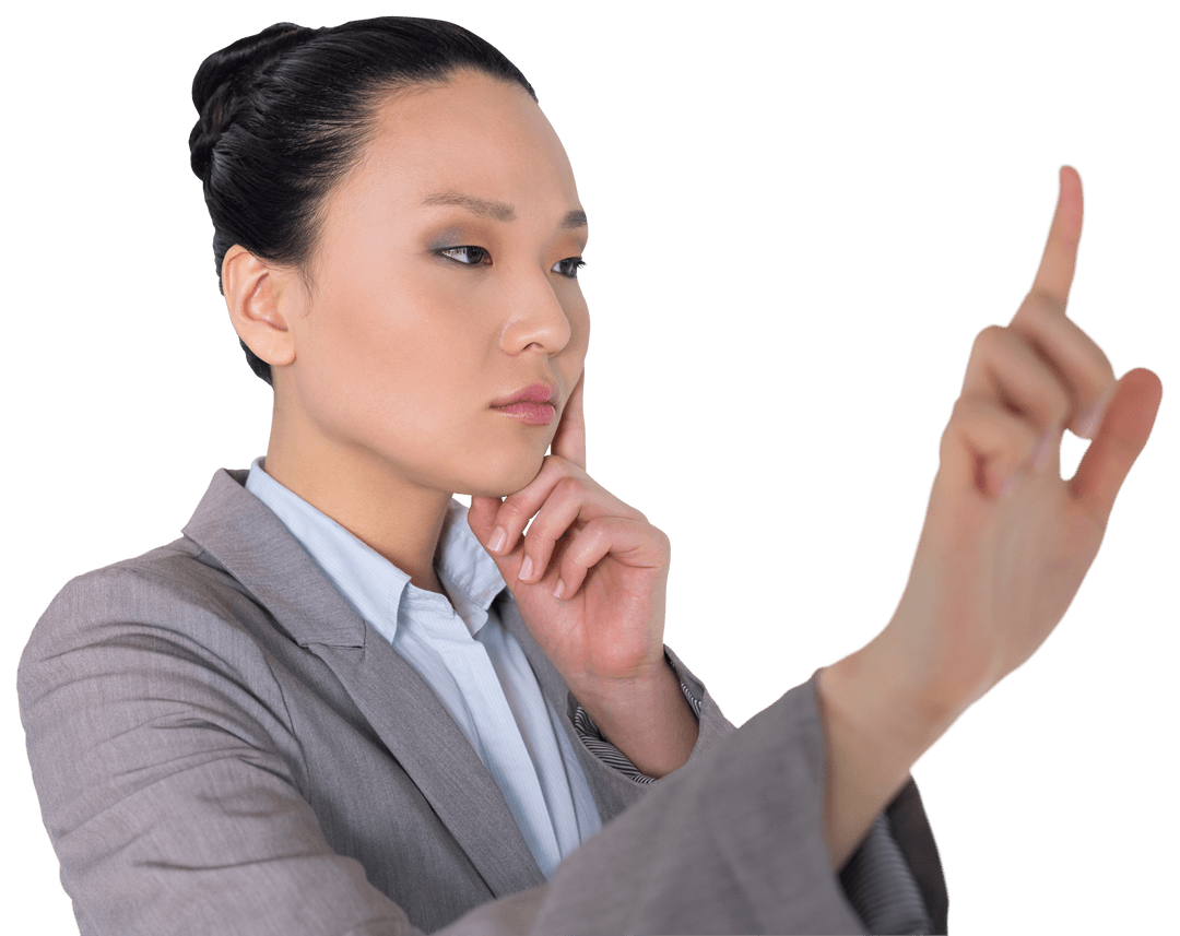 Transparent Focused Businesswoman Pointing Forward Gesture
