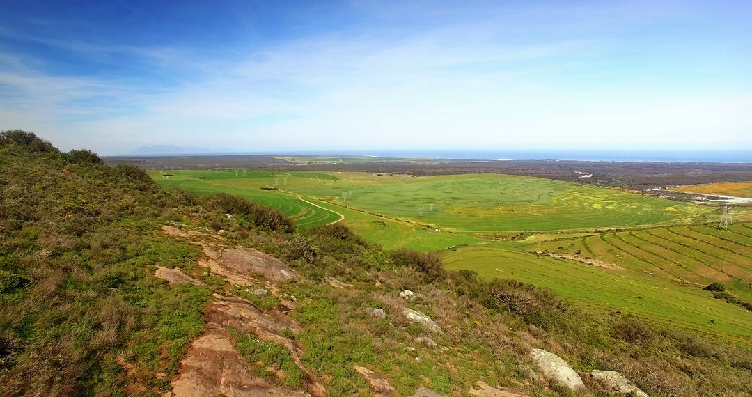 Panoramic View of Green Fields and Countryside Landscape on Sunny Day - Free Images, Stock Photos and Pictures on Pikwizard.com