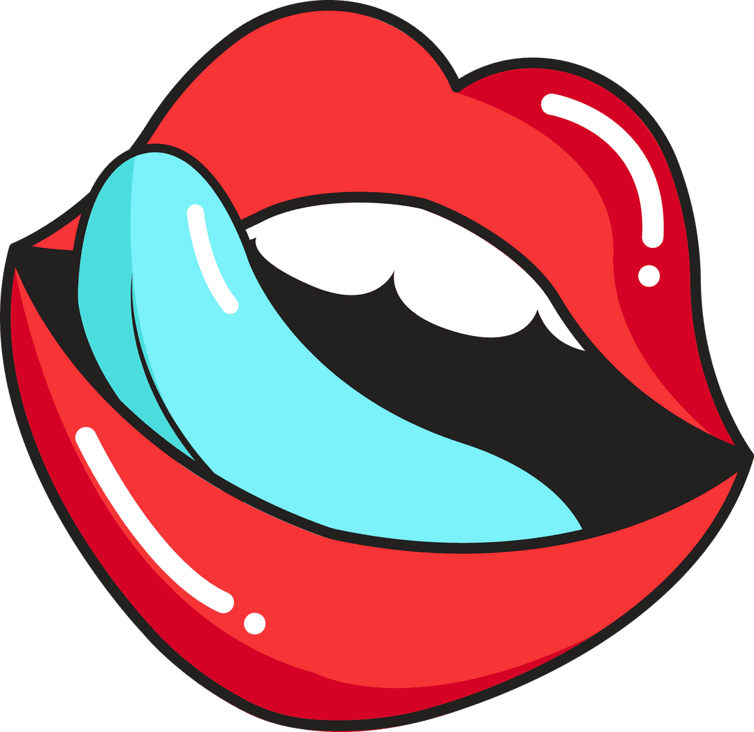 Cartoon Mouth with Glossy Red Lips and Turquoise Tongue on Transparent Background