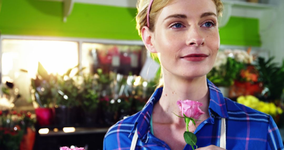 Woman Smiling Holding Flower in Florist Workshop - Free Images, Stock Photos and Pictures on Pikwizard.com