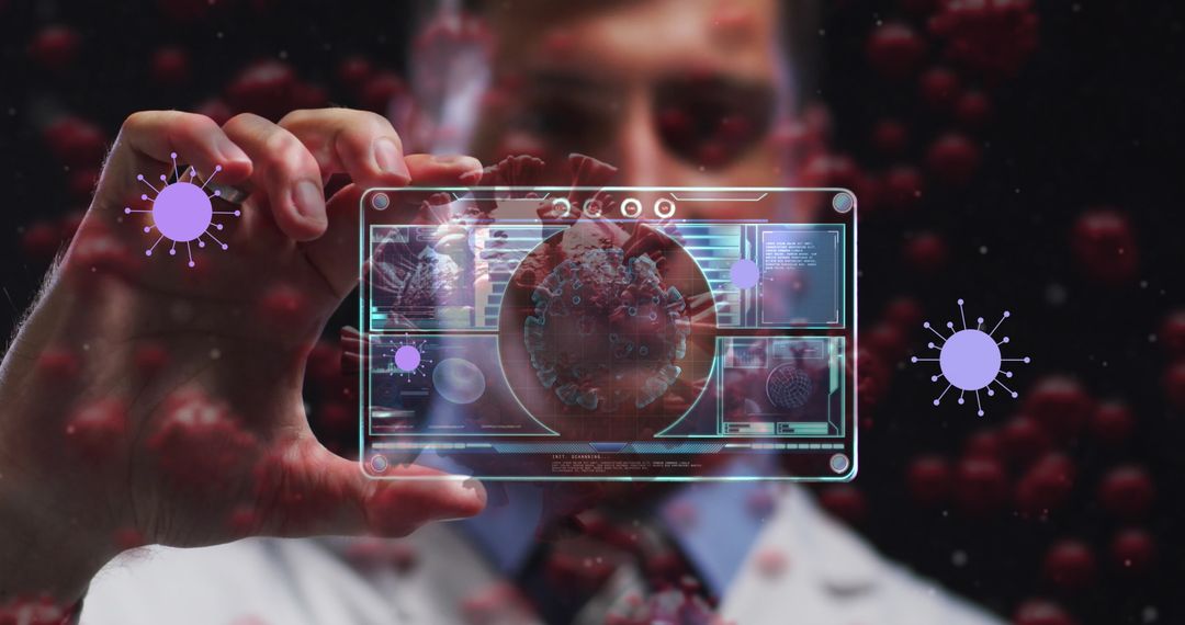 Doctor Analyzing Virus Data on Transparent Digital Screen