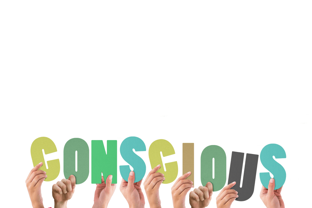 Hands Holding Colorful Word Conscious on Transparent Background