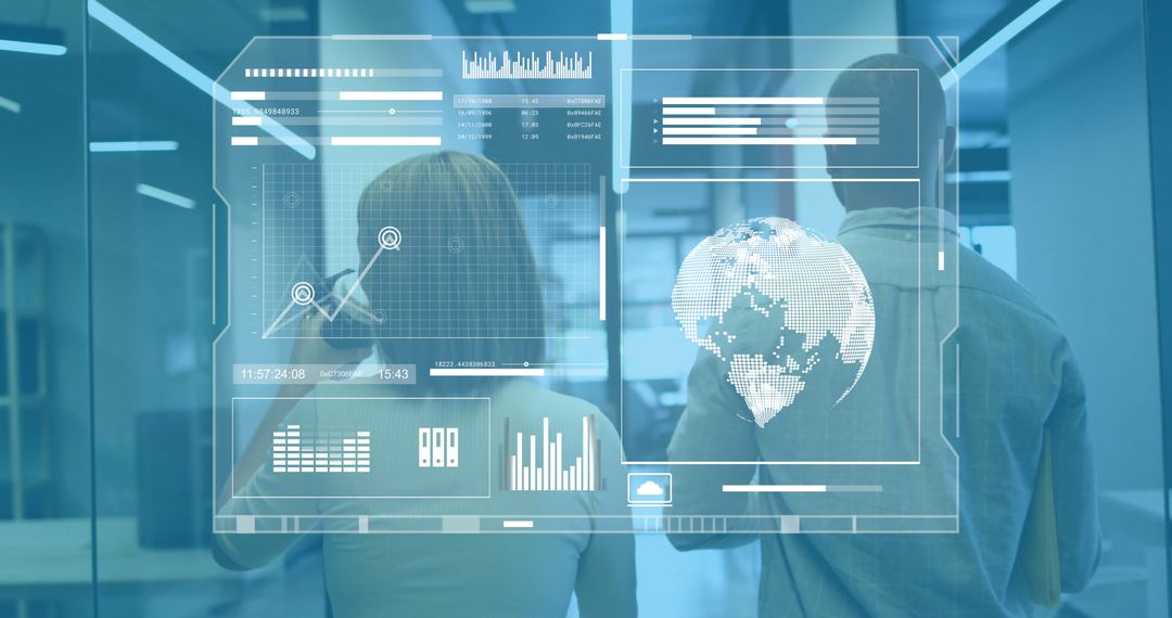 Team Analyzing Financial Data on Futuristic Screen in Office Environment