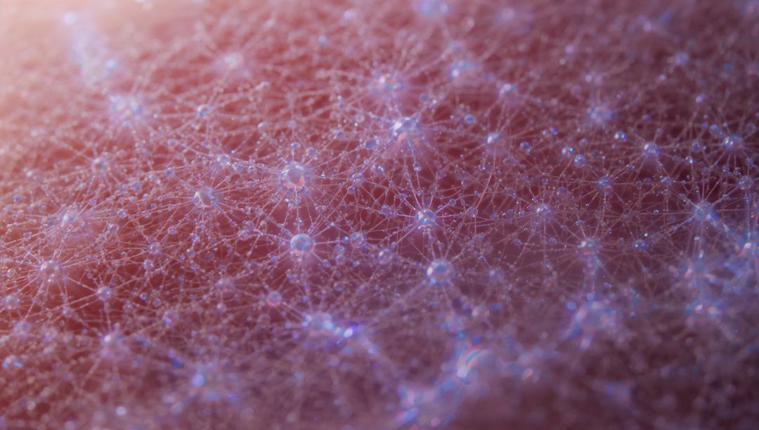 Ethereal Dew Lattice of Beaded Filaments with Blue-Violet Glow Macro Texture