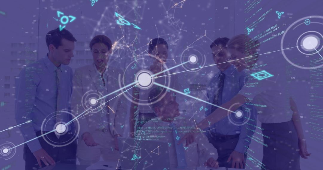 Business Team Strategic Planning with Digital Interface Overlays