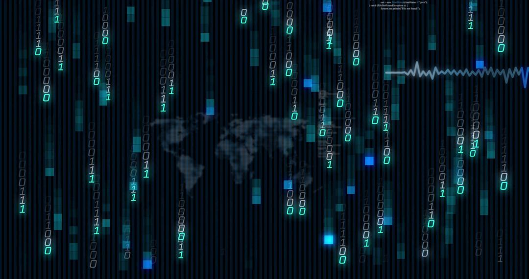 Flow of Binary Codes on World Map Background Representing Cybersecurity