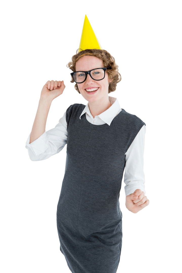 Geeky Woman with Party Hat Celebrates, Transparent Background