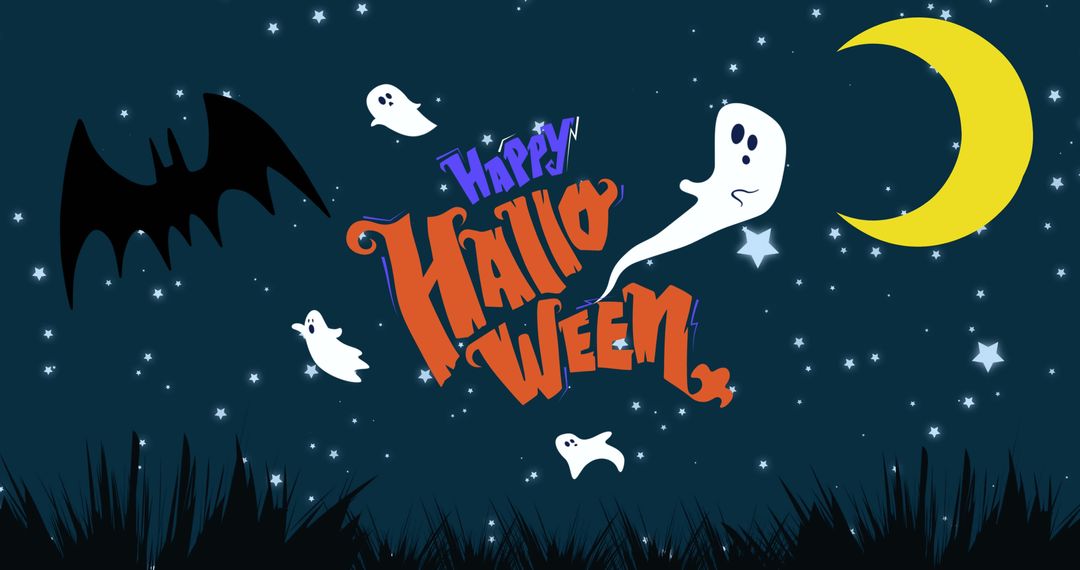 Happy Halloween Text with Bat and Ghosts in Starry Night Sky