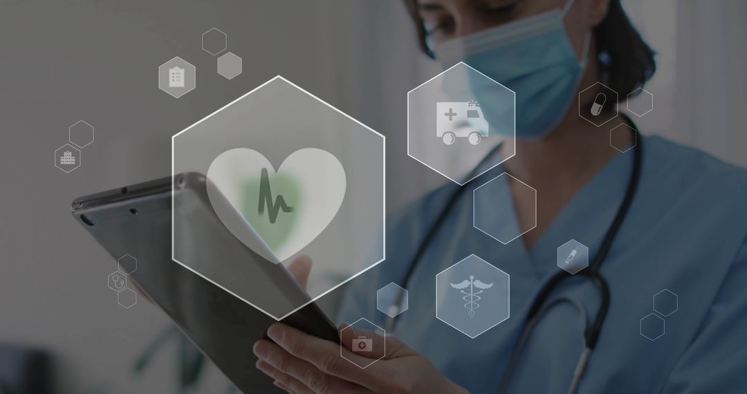 Nurse Using Digital Tablet with Medical Icons in Hospital Setting