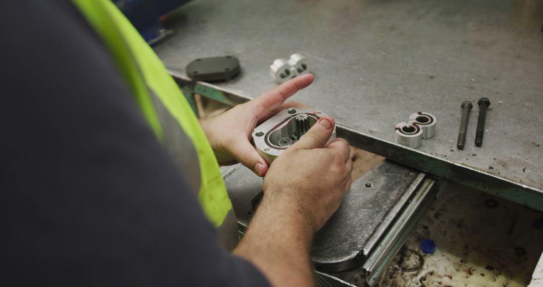 Industrial Worker Inspecting Metal Component on Workbench - Free Images, Stock Photos and Pictures on Pikwizard.com