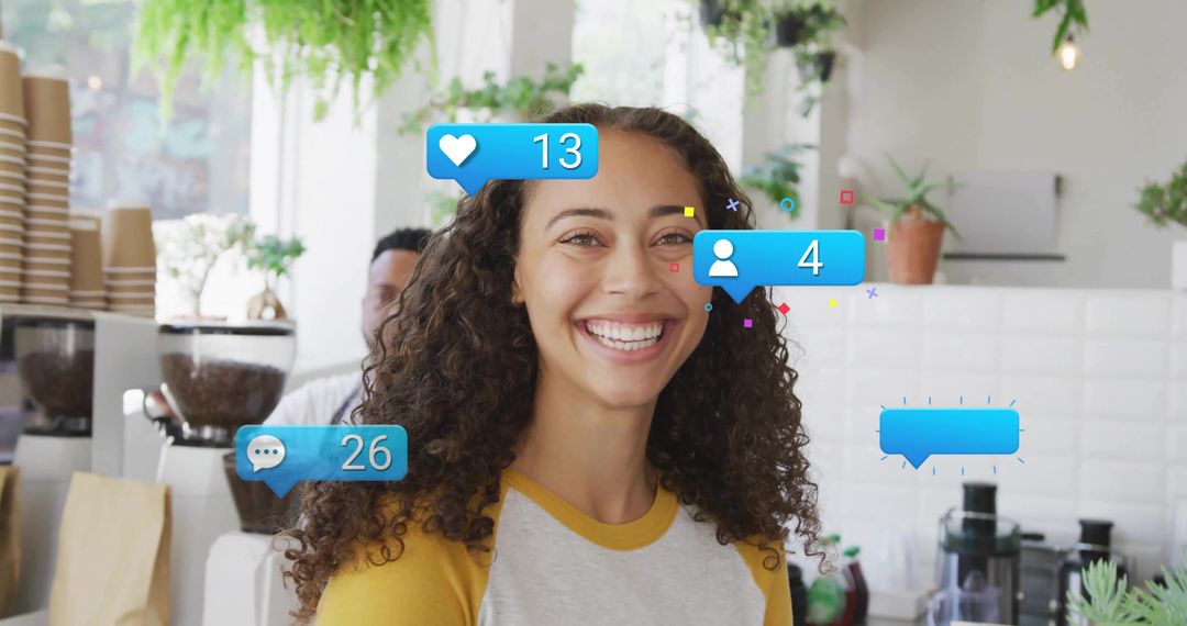 Smiling Barista with Social Media Engagement Icons in Modern Café