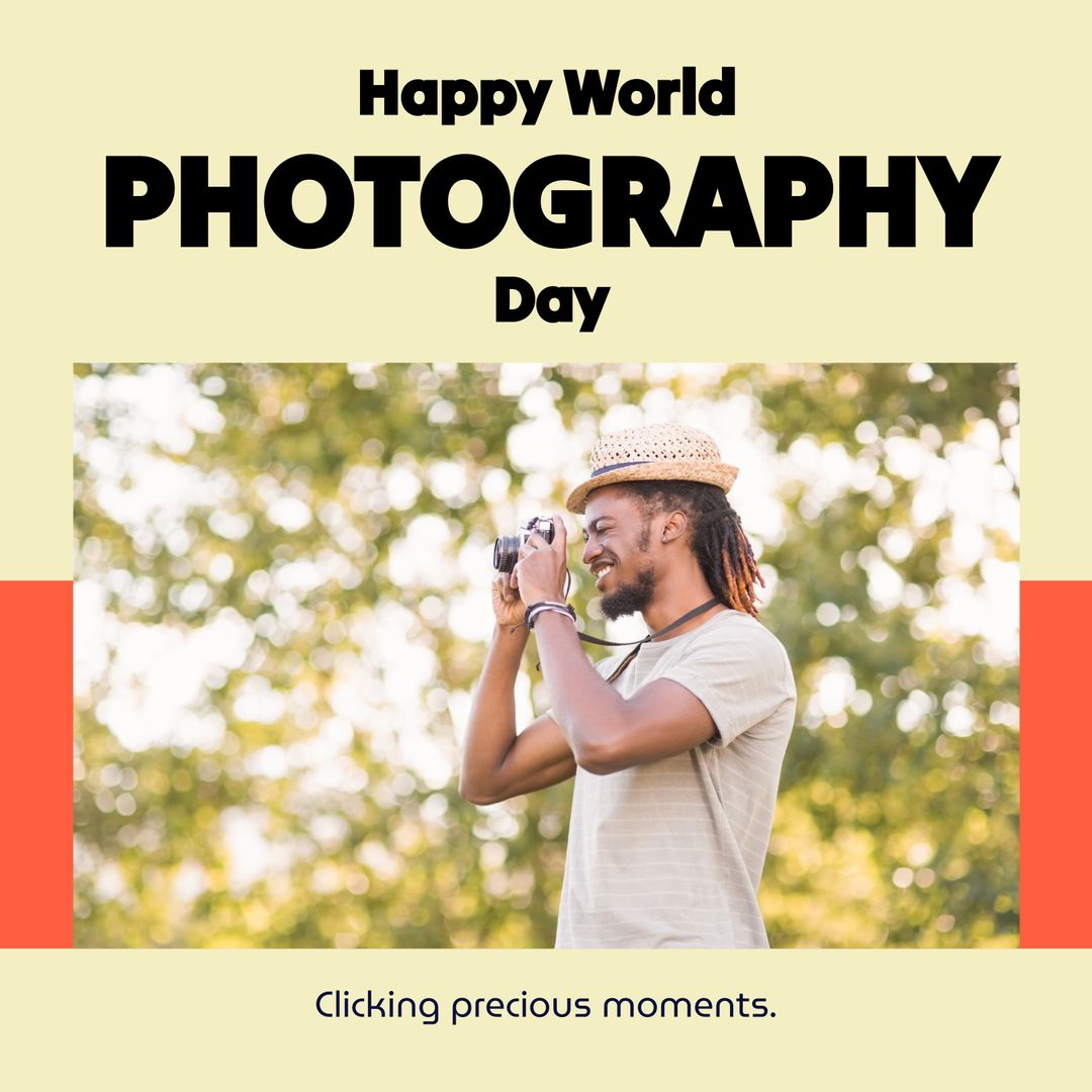 Happy World Photography Day Greeting, Smiling African Man with Camera in Sunny Park - Download Free Stock Templates Pikwizard.com