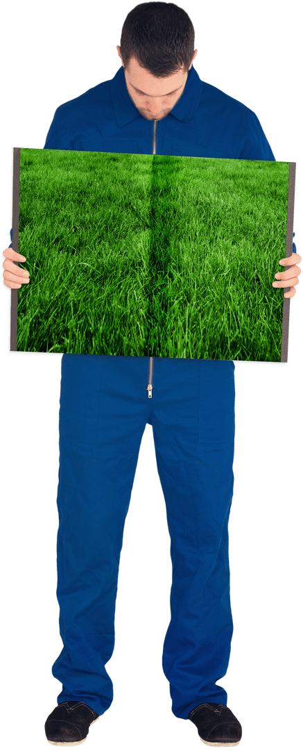 Man in Blue Jumpsuit Holding Grass Book on Transparent Background