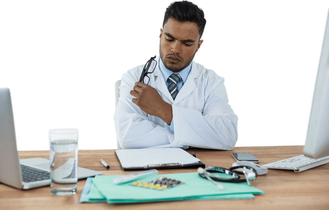 Transparent Image of Doctor Reviewing Medical Report at Desk