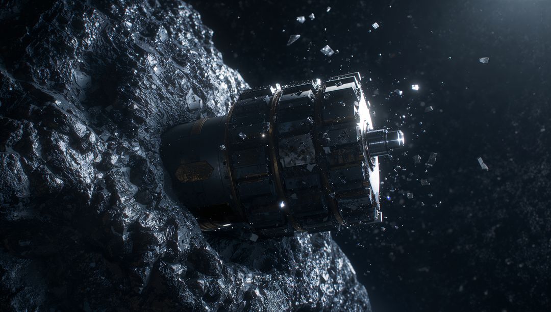 Spacecraft Probe Gripping Asteroid Surface, Sending Metal Shards and Dust in Microgravity