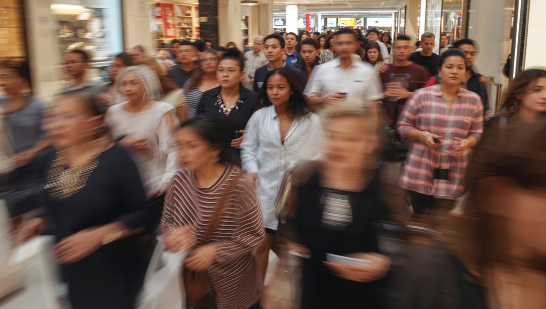 Woman walking through crowded mall corridor among moving shoppers with motion blur