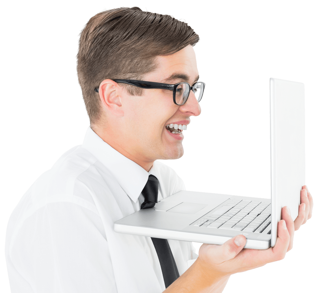 Excited Businessman Holding Open Laptop Transparent Background