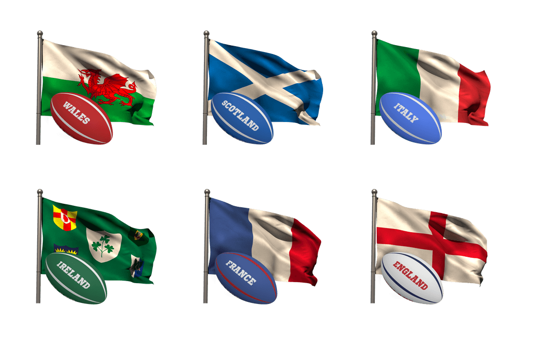 Transparent Illustration of Rugby Balls with National Flags