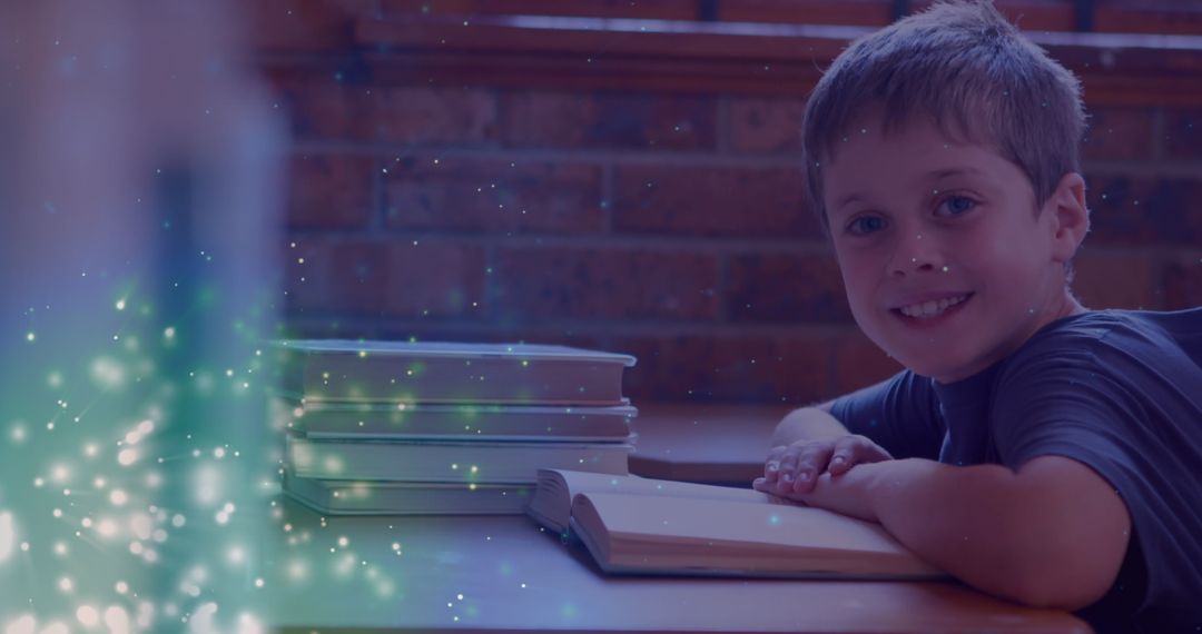 Smiling Boy Surrounded by Magic Book Glows