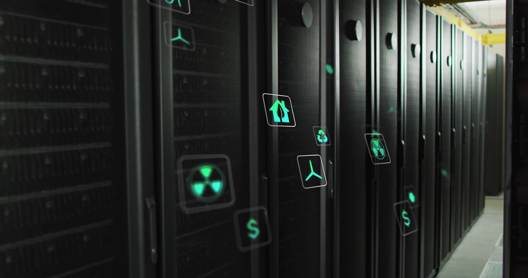 Green Technology Icons Hovering Amidst Dimly Lit Server Room