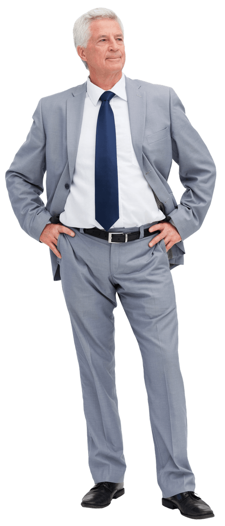 Confident Senior Man in Light Gray Suit with Hands on Hips Transparent Background