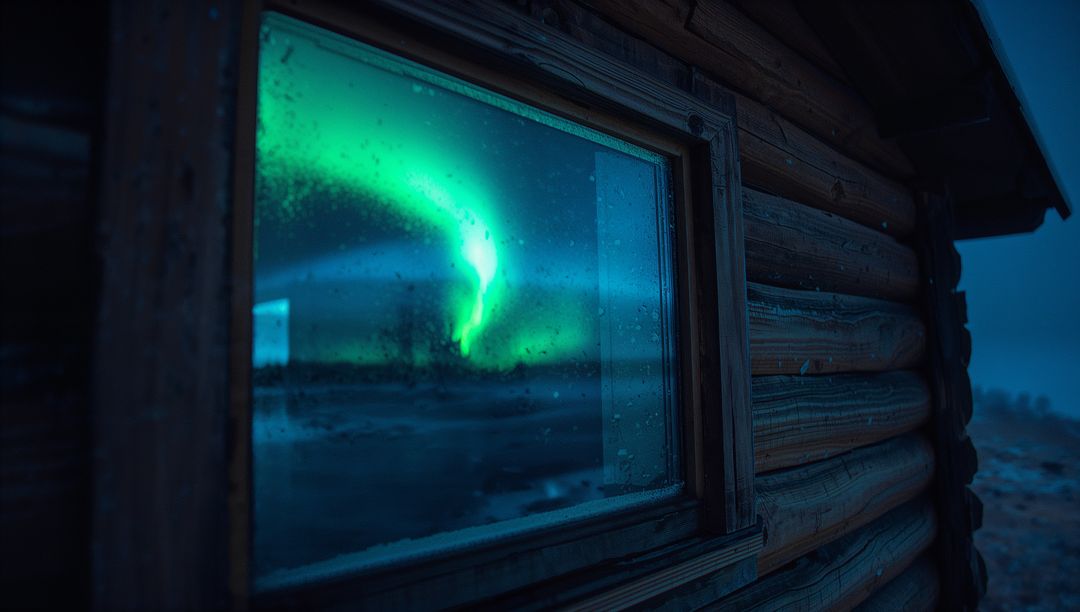 Magical Northern Lights Reflection on Log Cabin Window at Night