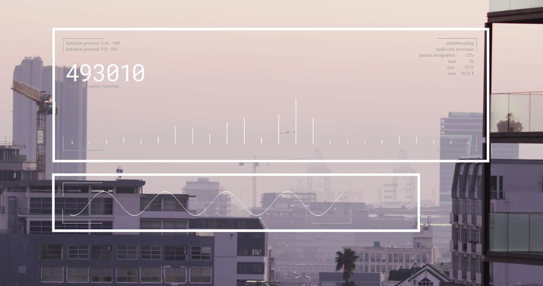 Futuristic Cityscape with Digital Analytics Overlay