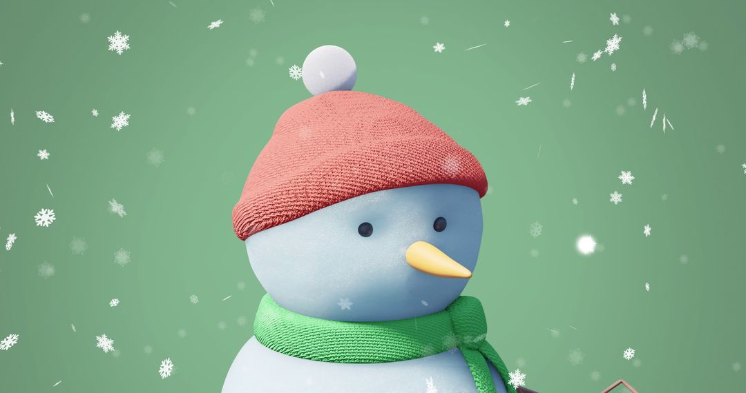 Festive Snowman with Beanie Among Falling Snowflakes
