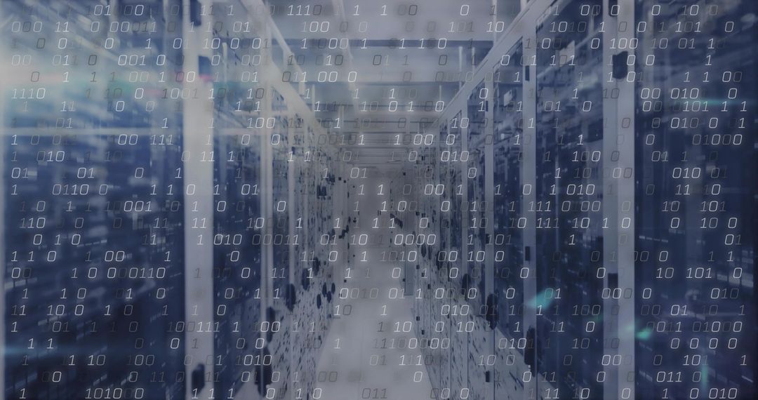 High-Tech Data Center with Virtual Binary Code Overlay