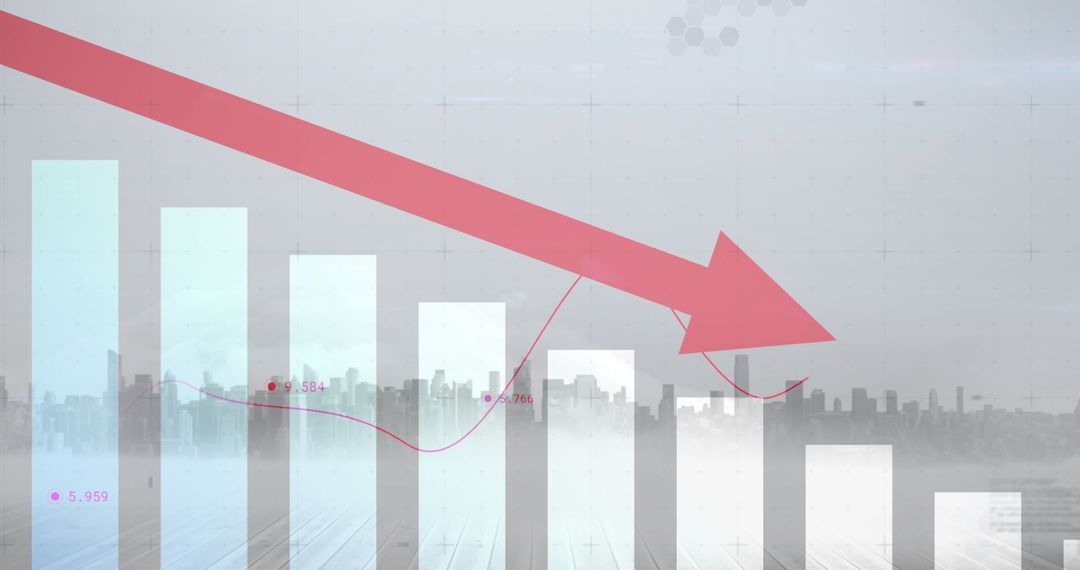 Abstract Financial Chart with Declining Red Arrow Over Cityscape
