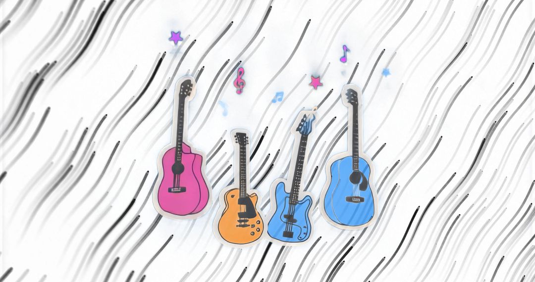Four Stylized Guitars Lining Up Over Dynamic Brushstroke Backdrop with Floating Music Notes