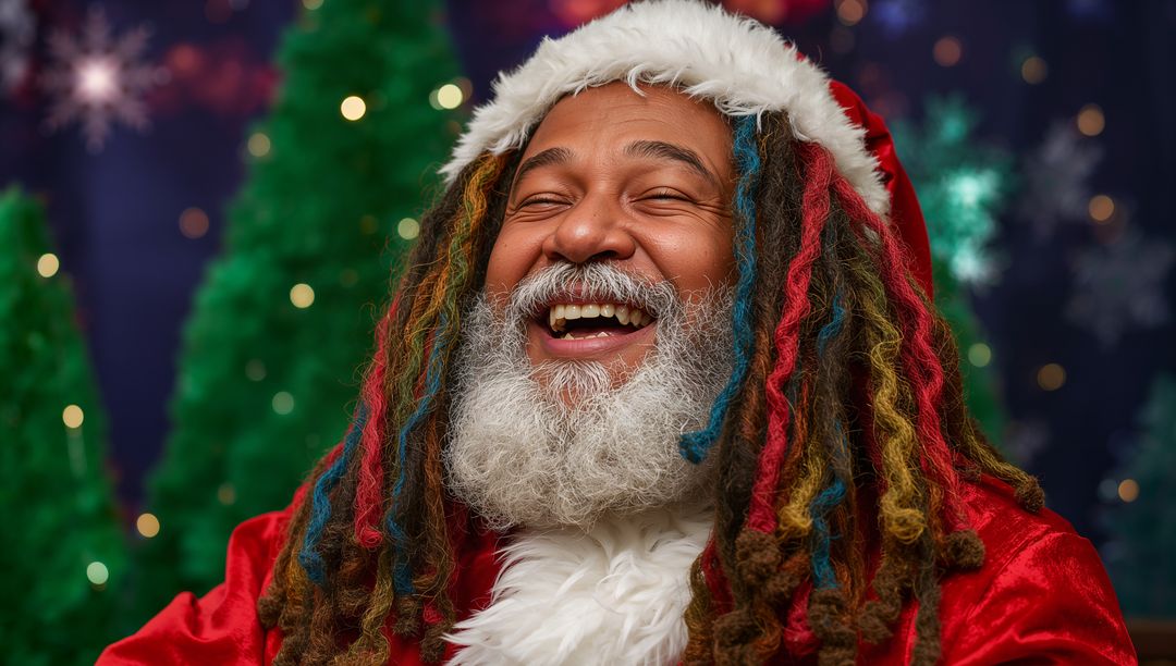 Laughing Santa in Holiday Setting with Glowing Christmas Trees