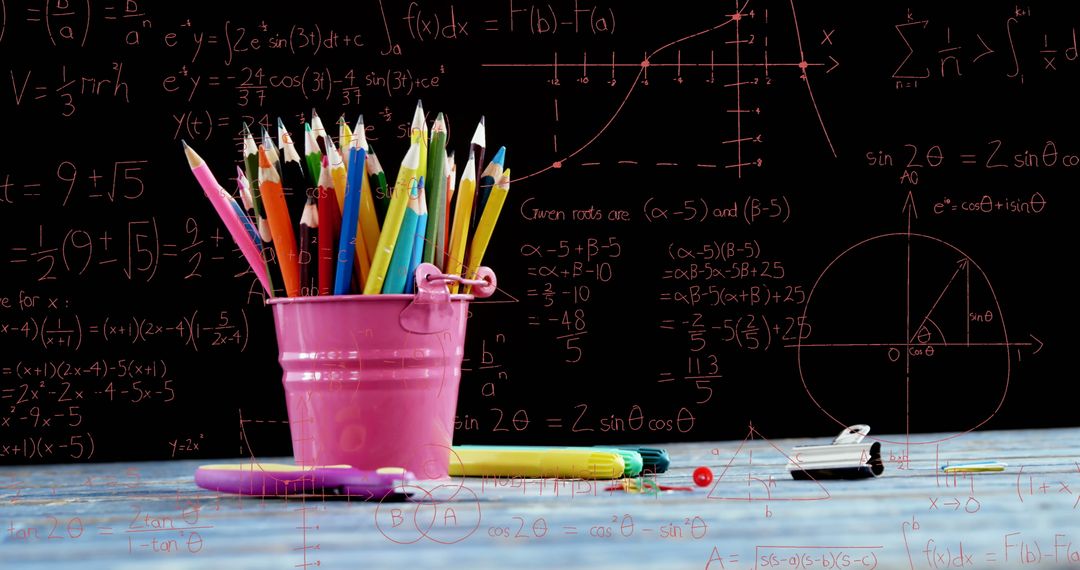 Colorful Pencils and Mathematical Equations on Blackboard