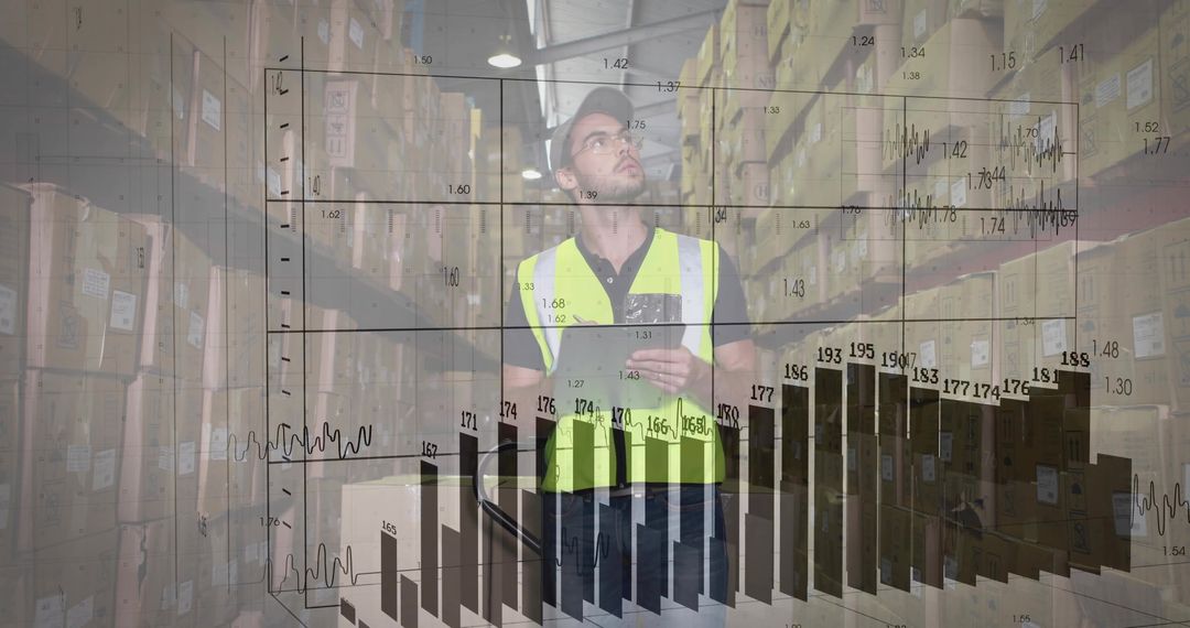 Warehouse Worker using Tablet with Data Visualization Overlay