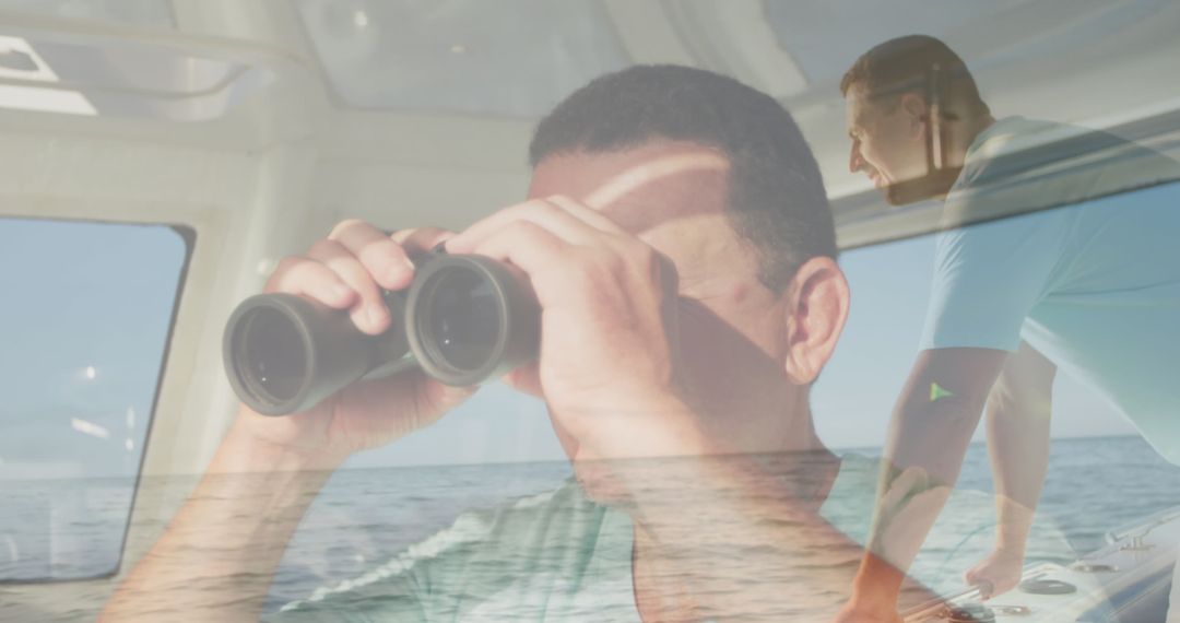 Double Exposure: Man Using Binoculars While Sailing