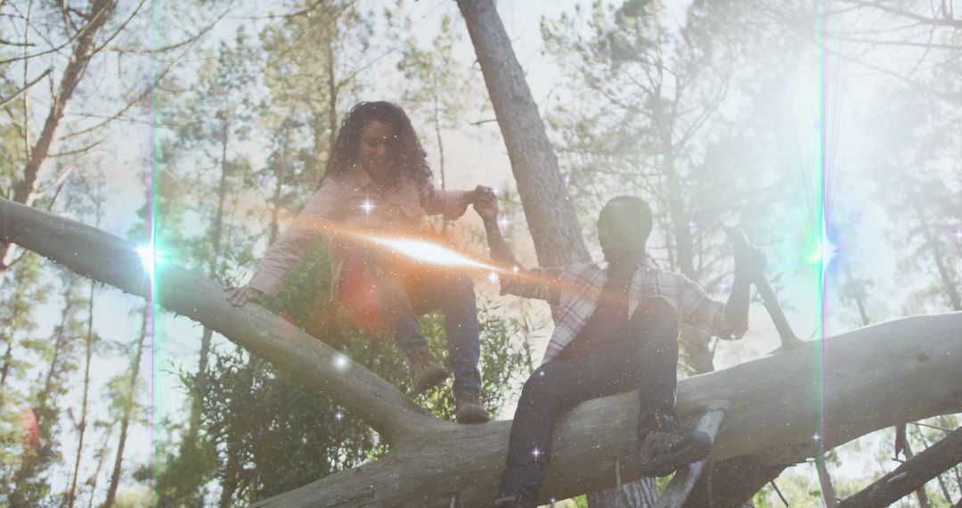 Couple Exploring Serene Forest Balancing on Fallen Tree