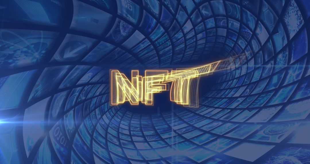 Futuristic NFT Concept with Digital Screens and Tech Tunnel