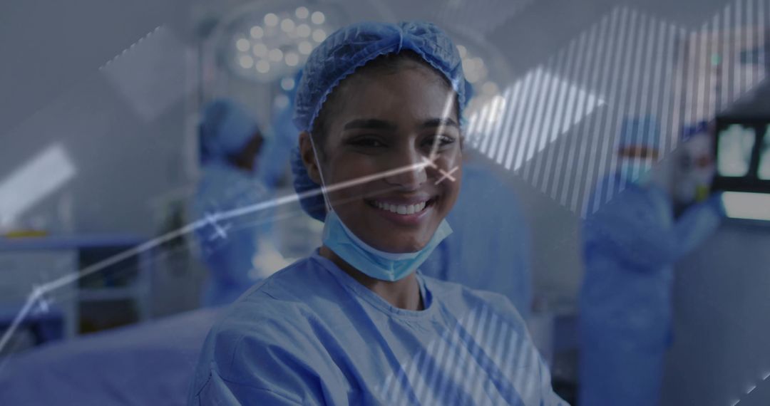 Smiling Female Surgeon with Team in Action Amidst High-Tech Surgery