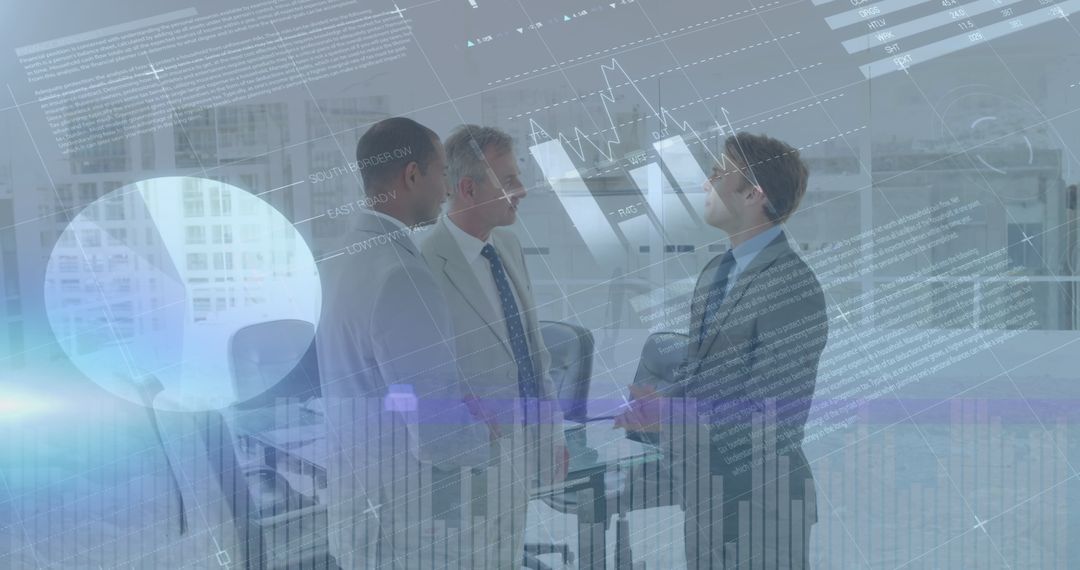 Digital Data Overlay on Business Team in Modern Office Environment