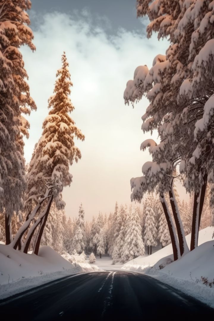 Scenic winter snow landscape with road in forest, created using generative ai technology - Free Images, Stock Photos and Pictures on Pikwizard.com
