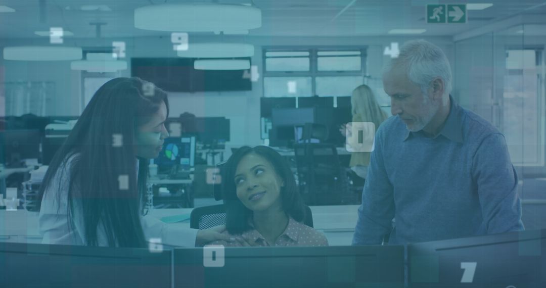 Diverse Team Collaborating with Virtual Interface in Modern Office